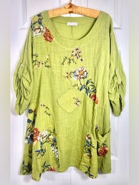 Made in Italy Green Floral Cotton Dress 1X Roll Sleeve Boho Tunic Pocket